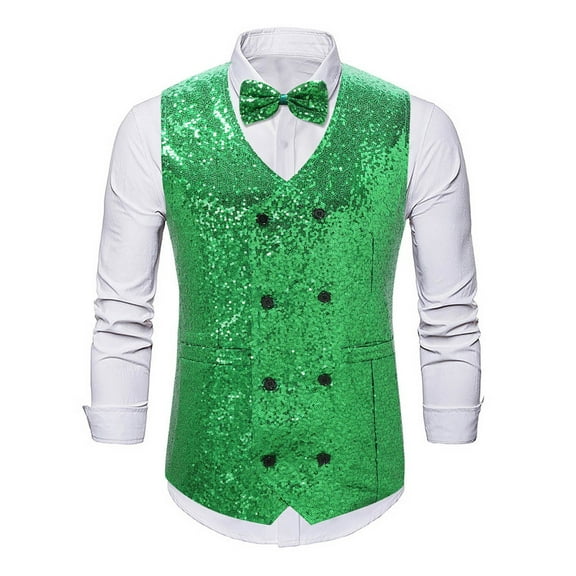 GHSOHS Mens Sequins Vest and Necktie Sparkling Double Button Vest Wedding Formal V-neck Shiny Waistcoat Bowtie Set Prom Party Tuxedo S