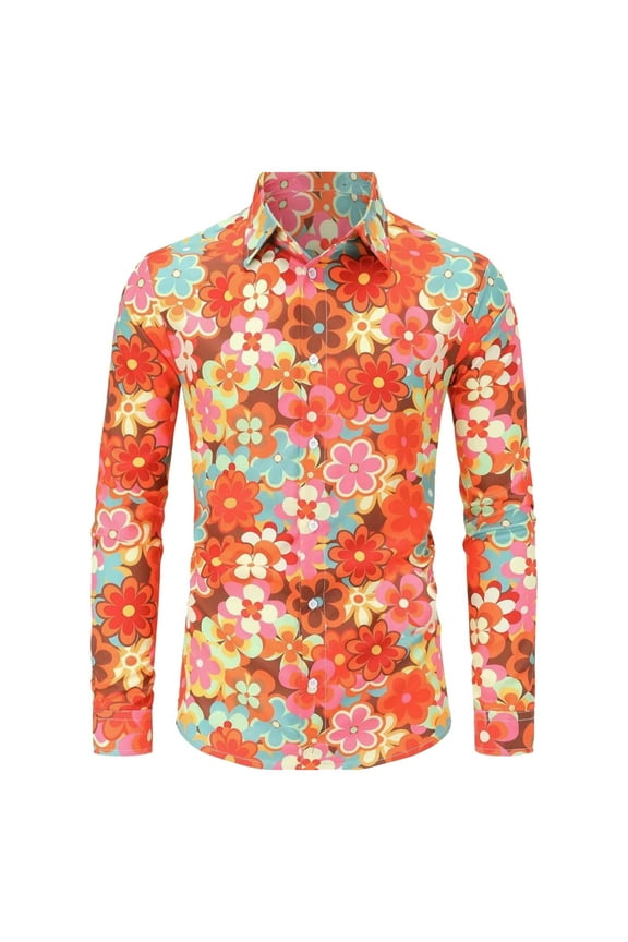 Mens Shirts Black Shirts for Men Beach Tops T-Shirts Mens White Button Down Shirt Hippie Men's 70s Disco Hop Button Flower Retro Long Sleeve Shirt Beach Shirts for Men Lapel Long Sleeve Shirts