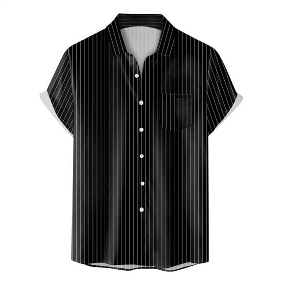 GHSOHS Mens Shirts Black Tops Blouse Mens Beach Clothes Men's Summer Striped Shirt Loose Solid Color Striped Pocket Lapel Short Sleeve Button Down Shirts Beach Dress Shirts Men Long Sleeve Shirt,M