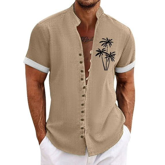GHSOHS Mens Shirts Casual Dress Shirts for Men Beige White Dress Shirt for Men Short Sleeve Men's Summer Solid Style Vintage CottonButton Up Short Sleeved Shirt Short Sleeved Top XL