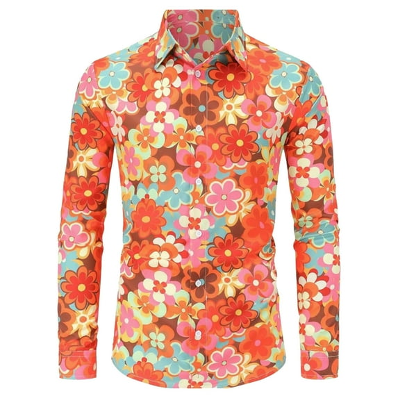 GHSOHS Mens Shirts Clothes Work Shirts for Men Beach Camisas Tops Dress Shirts Hippie Men's 70s Disco Hop Button Flower Retro Long Sleeve Shirt Beach Shirts for Men Lapel Long Sleeve Shirts