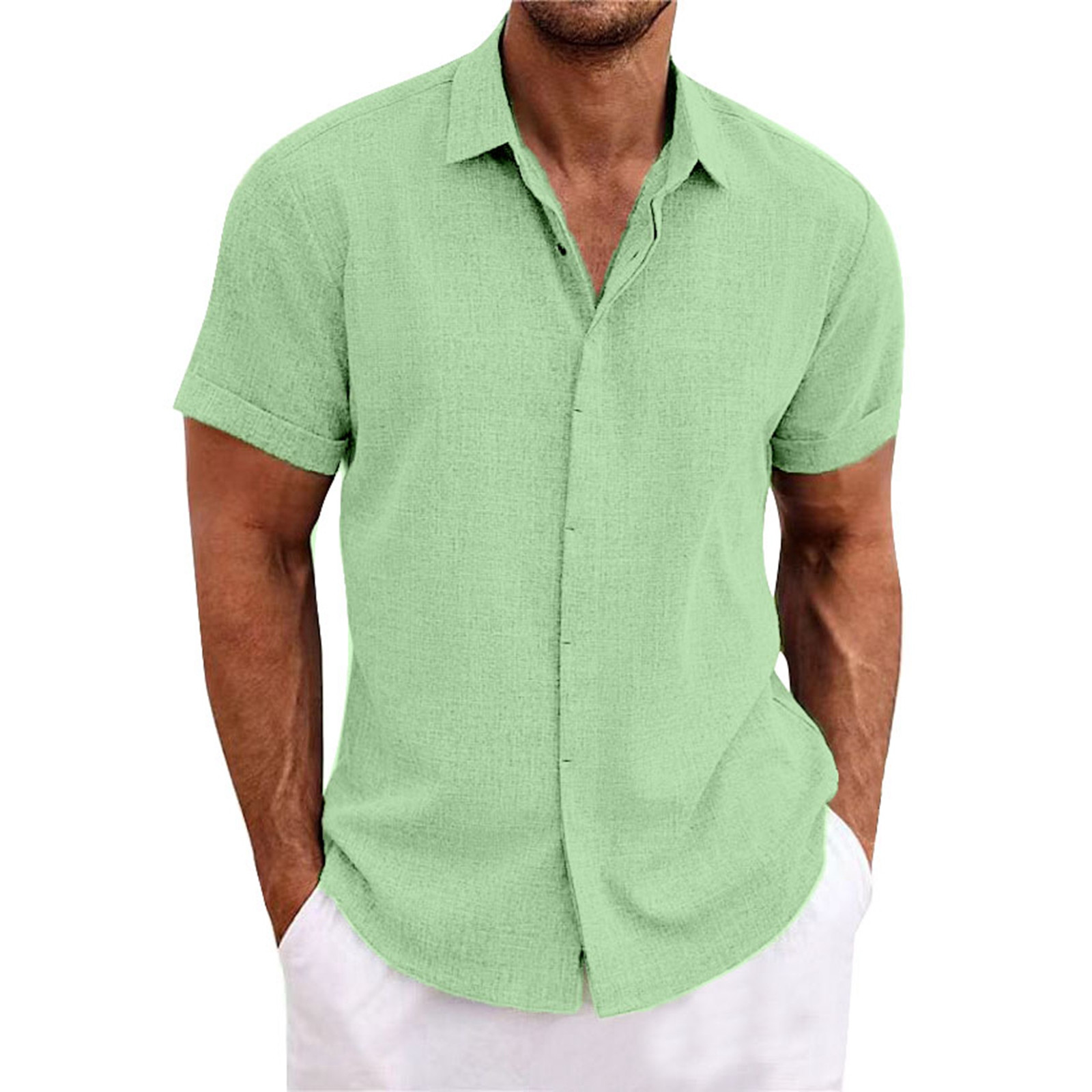 GHSOHS Mens Shirts Spring Golf Shirts for Men Green Button Up Shirt Dress Linen Short Sleeved T