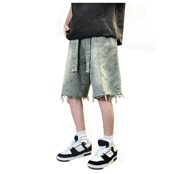 GHSOHS Mens Shorts Blue Pleated Shorts Hawaiian Plus Size Mens Baggy Jean Shorts Y2k Hop Cargo Pants Jorts Loose Fit Long Denim Shorts Streetwear Cargo Shorts,XXL