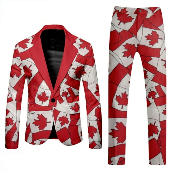 GHSOHS Mens Suit Suits for Men Canada Day Long Sleeve Coat and Pants Two Piece Suit Classic Fit 2 Piece Printed Jacket Pants Set Button and Pockets Suit for Holiday Party Events Workout Sets