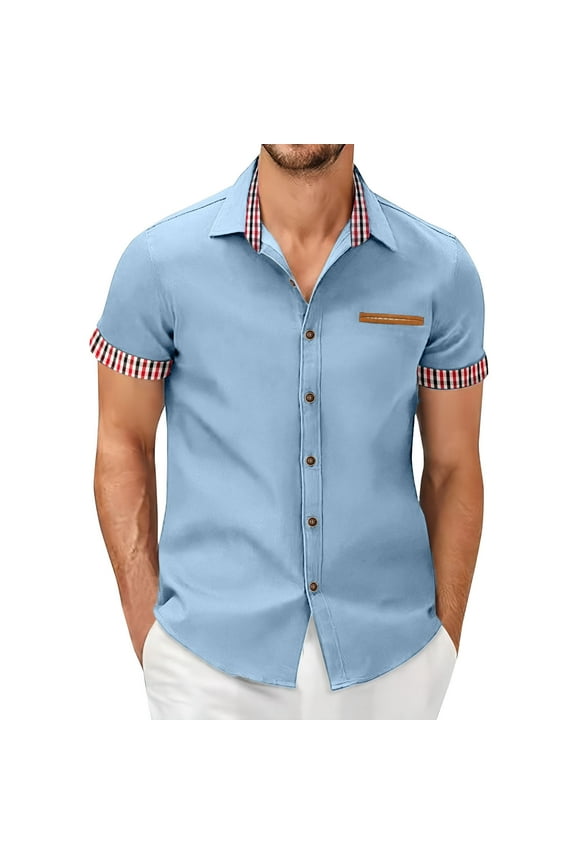 Mens T-Shirts Blue Long Sleeve Shirts for Men Casual Dress Shirt Plaid Patchwork Stretch Slim Fit Button Down Work Shirt Lapel Short Sleeve Business Beach Shirts Mens Easter Dress Shirt,XL