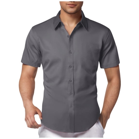 GHSOHS Mens T-Shirts Business Shirts for Men Grey Dress Shirts for Men Big and Tall Summer Casual Solid Dress Shirts Turn Down Collar Short Sleeve Beach Shirts Loose Fit Party Business Shirt S