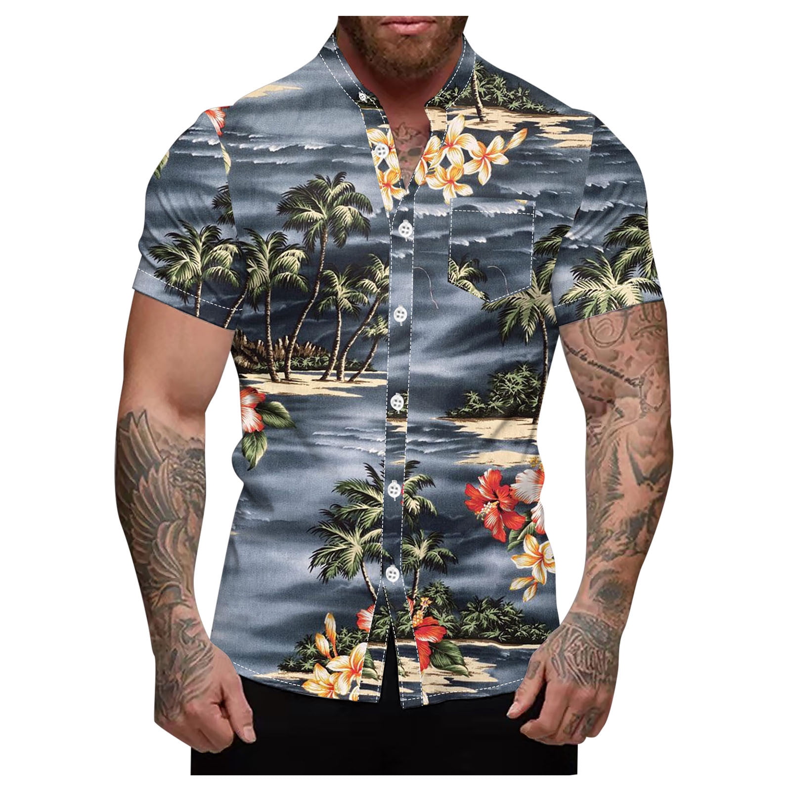GHSOHS Mens TShirts Grey Men's Summer Tropical Tree 3D Print Hawaiian