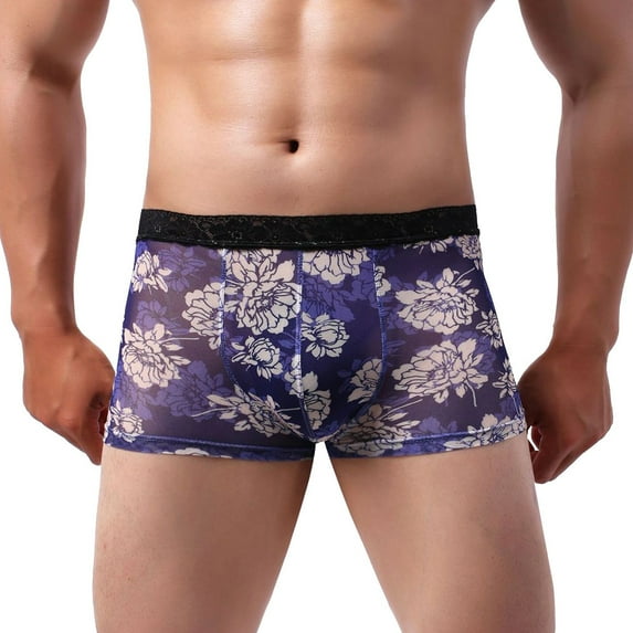 GHSOHS Mens Underwear Floral Printed Transparent Lace Boxers for Men Low Rise Trunks Ultra Soft Seamless Panties Underpants 2XL