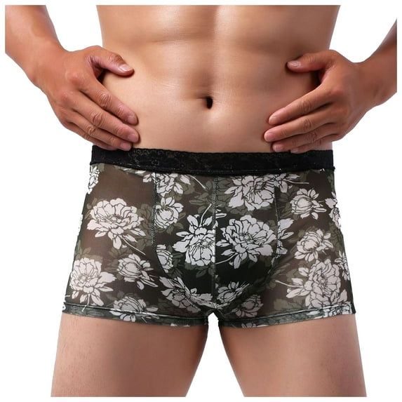 GHSOHS Mens Underwear Floral Printed Transparent Lace Boxers for Men Low Rise Trunks Ultra Soft Seamless Panties Underpants M