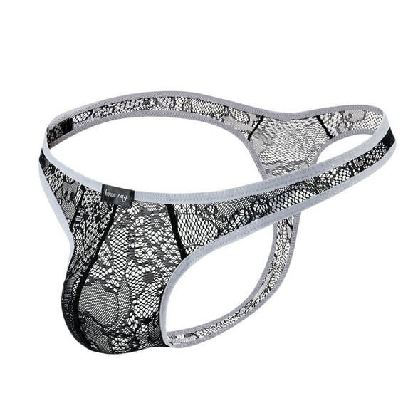 GHSOHS Mens Underwear Transparent Floral Lace Boxers Low Rise T Back Briefs Stretch Anti-Chafing Soft Thongs Bikini Underpants XL