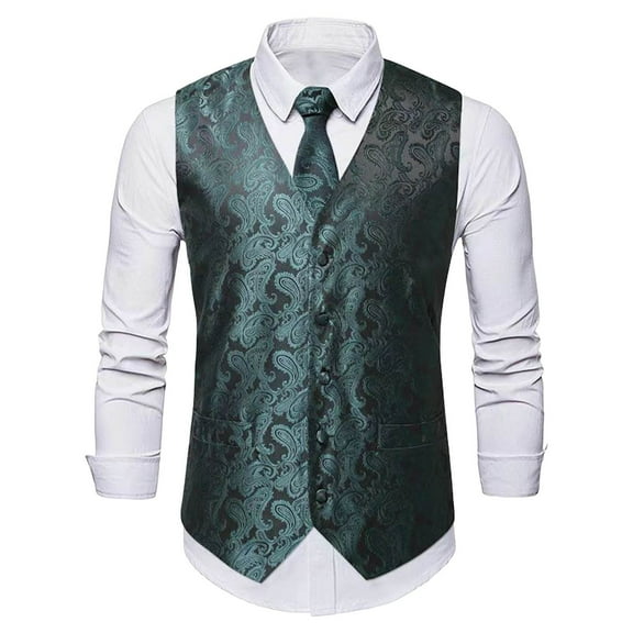 GHSOHS Mens Vest Tie Set 3PC Formal Waistcoat Jacquard Tuxedo Dress Vest Necktie Pocket Square Suit Vests Wedding Party Tuxedo Set M