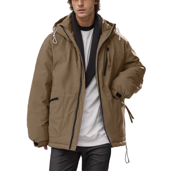 GHSOHS Mens Winter Coats Casual Loose Hooded Heavyweight Jacket Double Pockets Zipper Pockets Thick Padded Cargo Coat Outerwear(Coffee,M)