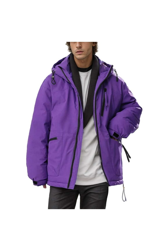 Mens Winter Coats Casual Loose Hooded Heavyweight Jacket Double Pockets Zipper Pockets Thick Padded Cargo Coat Outerwear(Purple,4XL)
