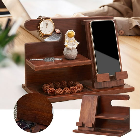 GHSOHS Multifunction Wooden Phone Holder Retro Wooden Mobile Phone Stand Cell Phone Mount Porch Wood Watch Glasses Key Jewelry Hanger