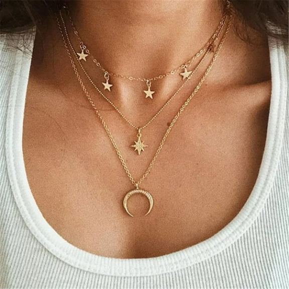 GHSOHS Necklaces for Women Sweet Seashell Necklace Choker Jewelry Chain Necklaces Pendant Clavicle Chain Vintage Star Moon Long Tassel Three-Layer Gold Necklace Party Jewelry Gift Choker Necklace