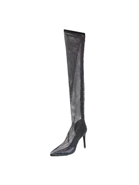 Over the Knee Boots for Women Rhinestone Sparkly Shining Thigh High Boots High Heel Stiletto Fishnet Pointed Toe Sandals Shoes, 37