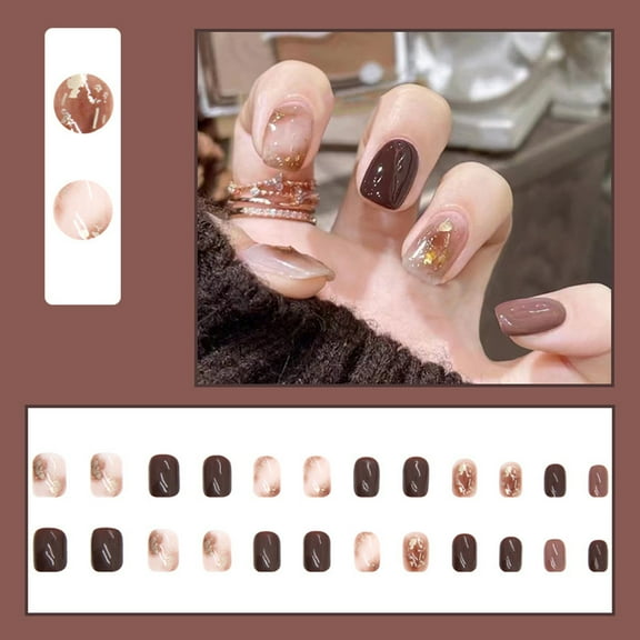 GHSOHS Press on Nails French Short Square Glossy Wearable Nails Chocolate Brown Ice Tea Color Nail Tablet Finished Nail Stickers 24 Count with 1ml Glue