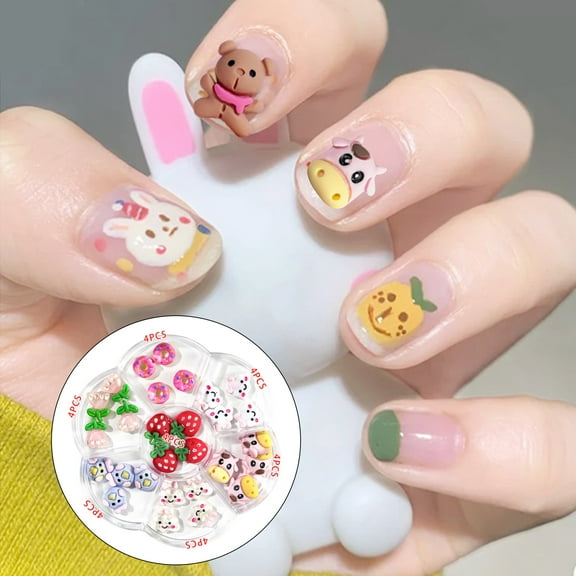 GHSOHS Press on Nails Nail Stickers Nail Charms 3D Nail Jewelry 7 Styles With Bow Strawberry Small Animal Stereo Jewelry Mixed Nail Drill for DIY Craft Nail Supplies Set