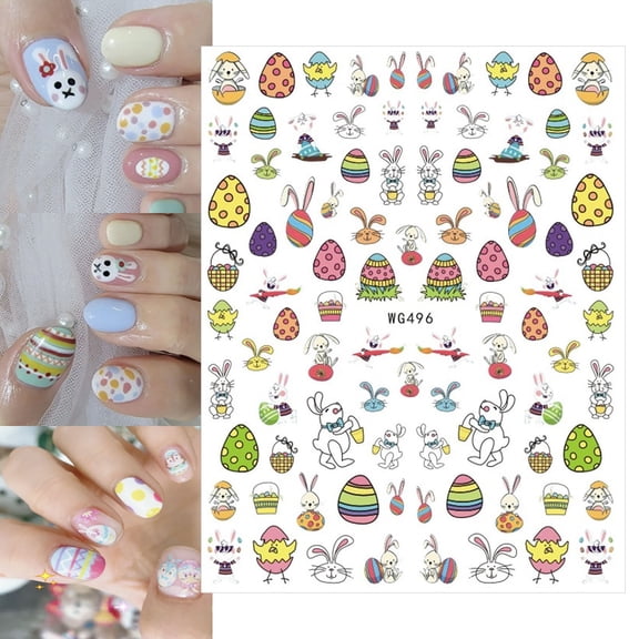 GHSOHS Press on Nails Acrylic Nail Set Nail Charms Easter Nail Stickers New 3D Back Glue Golden Egg Bunny Easter Nail Stickers