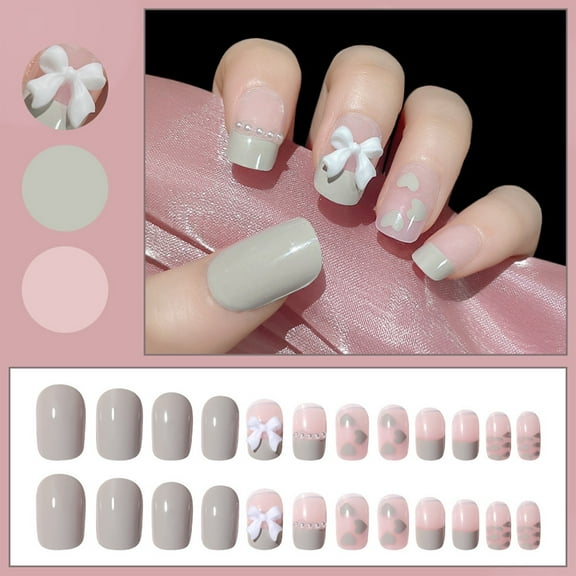 GHSOHS Press on Nails Short Medium Square Glossy Bow Nails Soft Manicure 24 Count Detachable Hand Wearing Acrylic Nail Stickers