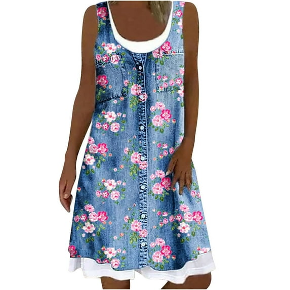 GHSOHS Prom Dresses 2024 Vintage T Shirt Dress with Pockets Women's Denim Printed Dresses Two Pieces Sleeveless Mini Jeans Dress Cute Crew Neck Loose Tank Casual Dress Maxi Dresses Blue Sum,M