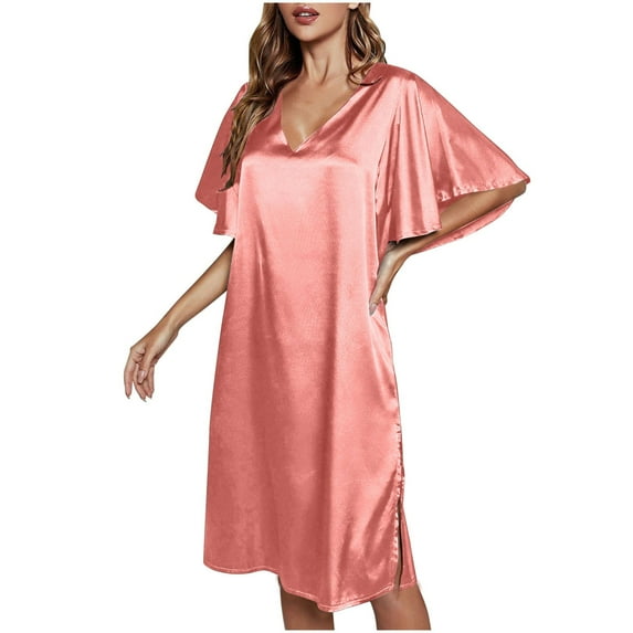 GHSOHS Robes for Women Robes Silk Pajamas Solid Color Ice Silk Nightdress Summer Short Sleeve Women's Gown Sleepwear Sleepshirt Robe Pajamas Nightgown Homewear Lingerie