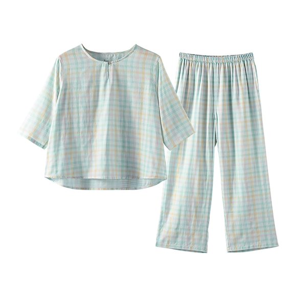 GHSOHS Sleepwear Pajamas for Women Set Clothes for Women Spring Cotton Double Thin Seven Quarter Sleeve Pajamas Plaid Set Casual Comfortable Home Wear 2 Piece Outfits Nightwear Pj Lounge Sets Shorts
