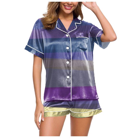 GHSOHS Sleepwear Pajamas for Women Set Cotton Pajama Set Colorful Gradient Printed Short Sleeve Shorts Home Pajama Shirt and Pant 2 Piece Outfits Nightwear Pj Lounge Sets Short Sleeve Top and Shorts
