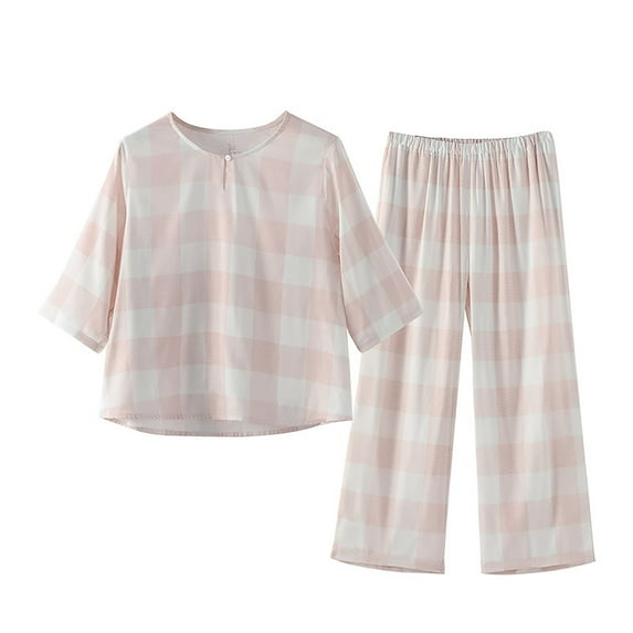 GHSOHS Sleepwear Pajamas for Women Set Cotton Pajama Set Spring Cotton Double Thin Seven Quarter Sleeve Pajamas Plaid Set Casual Comfortable Home Wear 2 Piece Outfits Nightwear Pj Lounge Sets Pj Sets