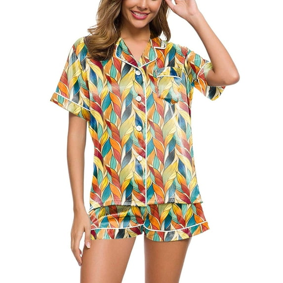 GHSOHS Sleepwear Pajamas for Women Set Lounge Sets for Women Home Clothes Short Sleeve Silk Like Pajamas Womens Summer Multicolor Suit Outfits Nightwear Pj Lounge Sets Short Sleeve Top + Shorts