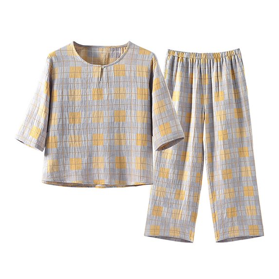 GHSOHS Sleepwear Pajamas for Women Set Women Sleepwear Spring Cotton Double Thin Seven Quarter Sleeve Pajamas Plaid Set Casual Comfortable Home Wear 2 Piece Outfits Nightwear Pj Lounge Sets 2 Piece O