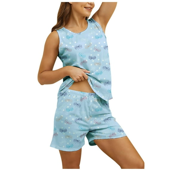GHSOHS Sleepwear Pajamas for Women Set Workout Sets for Women Fashion Summer Home Wear Round Neck Printed Shorts Vest Pajama Pajama Pants Set 2 Piece Outfits Nightwear Pj Lounge Sets 2 Piece Outfits