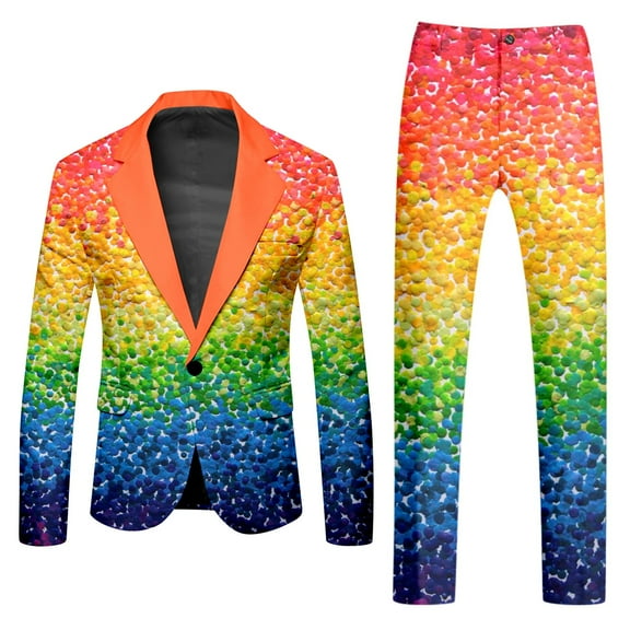 GHSOHS Slim Fit Suits for Men Suits for Men Men's Rainbow 2 Piece Suits Printed Button Dress Suit Light Business Coat and Pants Two Piece Suit Blazer Jacket Pants Set Tuxedo Suit Outfits Set