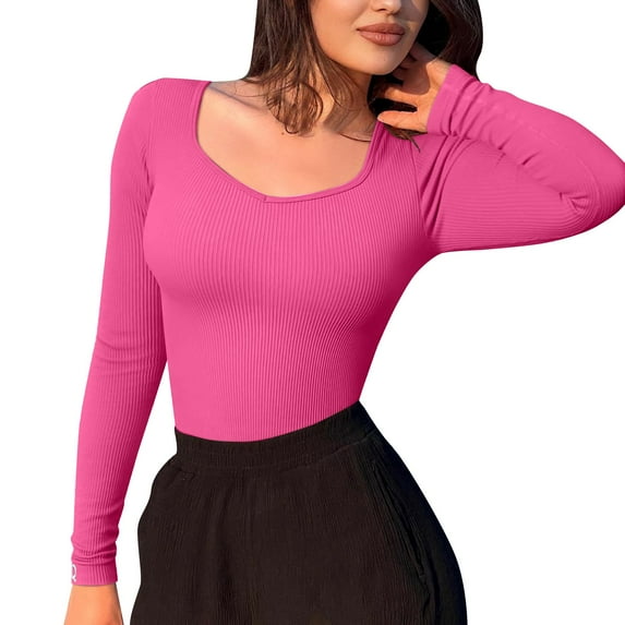 GHSOHS Slim Long Sleeve Ribbed Bodysuits for Women V Neck Square Tights Seamless Thong Jumpsuit Club Party Going Out T Shirt Tops