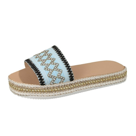 GHSOHS Slippers for Women Vintage Sandals Womens Shoes Slippers Fashion Ethnic Style Woven Print Open Toe Flat Bottom Beach Sandals Slides Comfort Platform Sandals Casual Walking Shoes 41