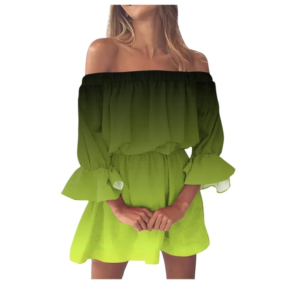 GHSOHS Spring Dresses Elegant Comfy Dresses for Women Swing Dresses Vintage Print Beach Sexy Off Shoulder Tunic Summer Dresses Casual Loose Fit Long Bell Sleeve Mini Dress Plus Size Dresses Gree,L