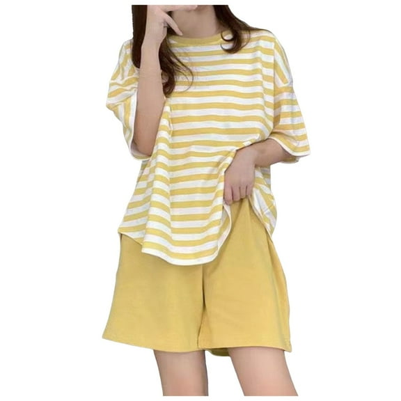 GHSOHS Striped Pajamas for Women Set 2 Piece Outfits Summer Cotton Pajamas Set for Women Short Sleeve Tops and Elastic Waist Shorts Outfits Sets Sleepwear