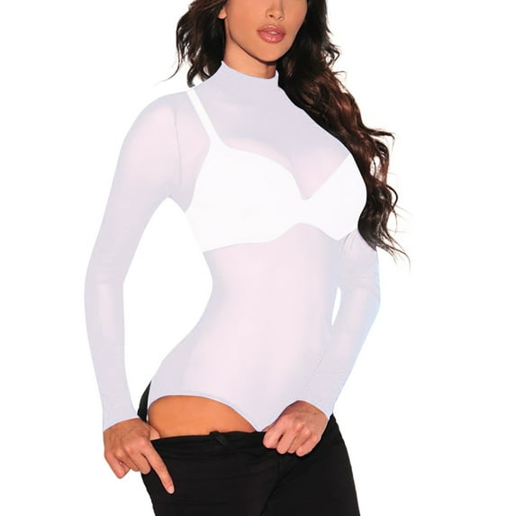 GHSOHS Women's Mesh Sheer Long Sleeve Bodysuit See Through Slim Thong Jumpsuit Party Turtleneck Body Suit Lingerie Leotards