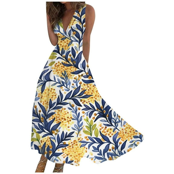 GHSOHS Womens Dresses Cute Casual Maxi Dress Women's Summer Bohemian Floral Dresses Sleeveless V Neck Casual Flowy Long Dress With Pockets Boho Beach Dresses Backless Dress Large Size ,2XL