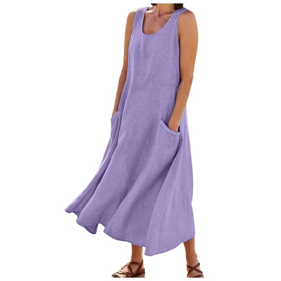 GHSOHS Womens Dresses Sweet Ladies Summer Dresses Women's Long Cotton Linen Dress Summer Sleeveless Elegant Flowy Dresses Plus Size Loose Comfy Dress with Pockets Mother Of The Bride Dresses Cas,3XL