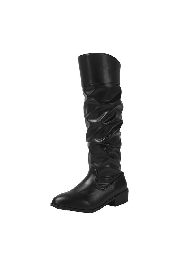 Womens Knee High Boots Fashion Retro Pleated Leather Face Pointed Thick Heel Western Cowboy Boots Pull On Long Riding Boots