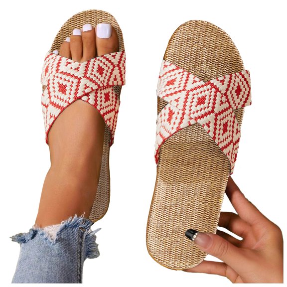 GHSOHS Womens Sandals Slippers Black Sandals Plus Size Shoes for Women Black Sandals Couple Colour Blocking Print Beach Home Cotton Linen Large Size Non Slip Sandals Slippers Wedge Sandals,8