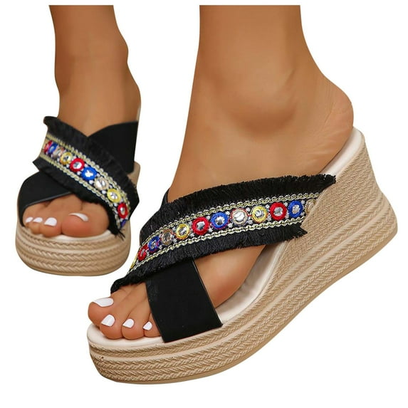 GHSOHS Womens Sandals Slippers Women's Flat Sandals Vintage Water Shoes Women Sandles Summer Fashion Woven Ethnic Style Open Toed Wedge Slippers Casual And Comfortable Outing Slippers Womens Sand,9