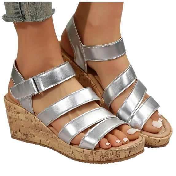 GHSOHS Womens Sandals Slippers Women's Wedge Sandals Large Size Sandles Womens White Sandals Summer Shiny Leather Fish Mouth Roman Shoes Beach Slope Heel Sandals Slippers Womens Sandals Comfortab,8.5