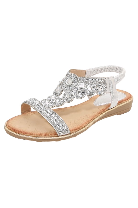 Womens Sandals Summer Shoes for Women Slippers Flip Flops Elastic Strap Sandals Summer Rhinestone Bohemian Slope Heel Hollow Soft Flat Bottom Open Toe Large Size Sandals Silver Shoes 37