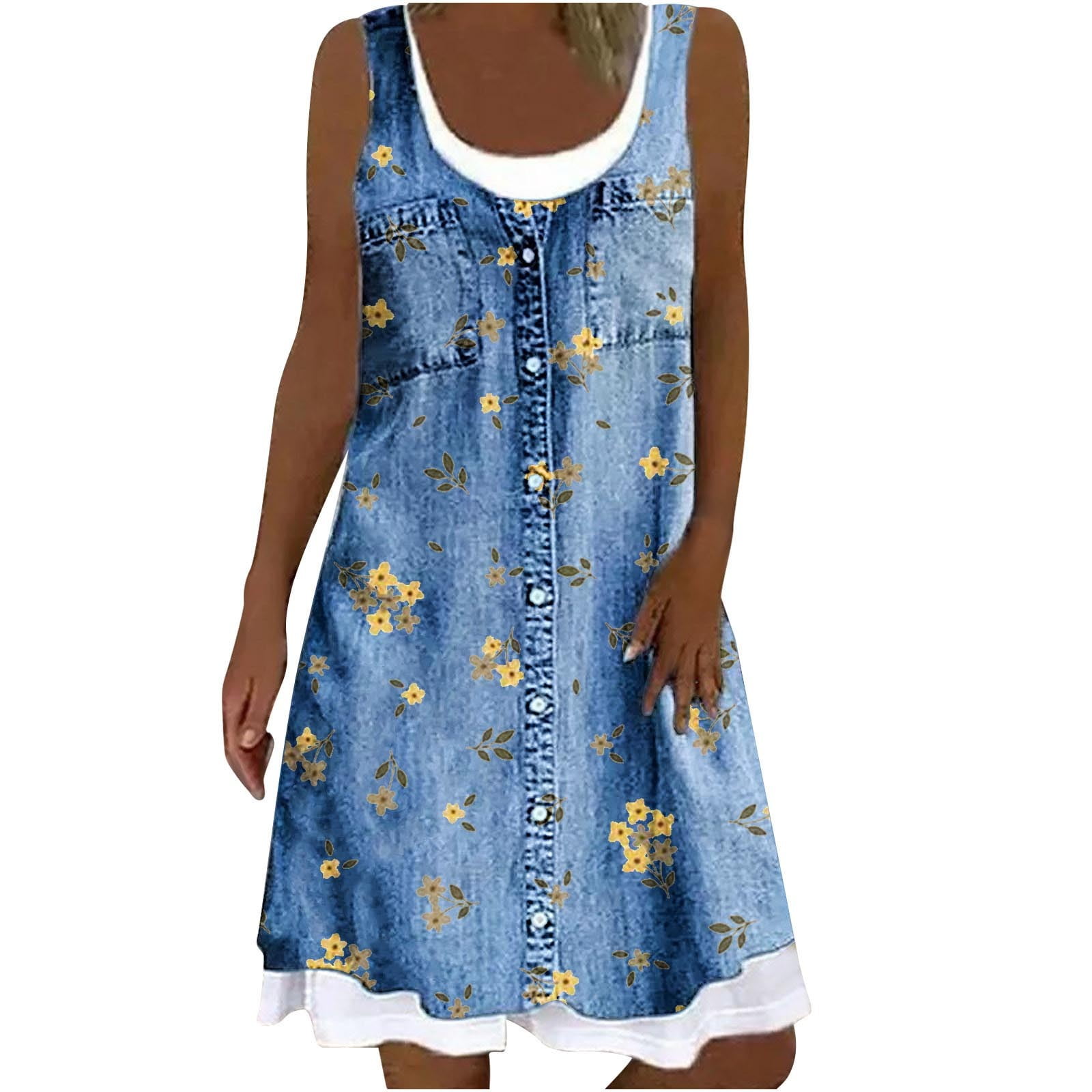 GHSOHS Womens Summer Dresses Trendy Graduation Outfits for Women 2024 Denim  Printed Dresses Two Pieces Sleeveless Mini Jeans Dress Cute Crew Neck Loose  Tank Casual Dress Young Adult Dresses,L - Walmart Business