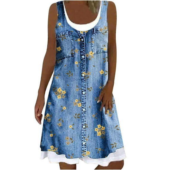 GHSOHS Womens Summer Dresses Trendy Graduation Outfits for Women 2024 Denim Printed Dresses Two Pieces Sleeveless Mini Jeans Dress Cute Crew Neck Loose Tank Casual Dress Young Adult Dresses,L