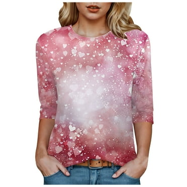GHSOHS Womens Valentines Tops 3/4 Length Sleeve Shirts for Women Round Neck Casual Tunic Tops Basic Pleated Shirts Loose Fit Blouses Work Tee Top