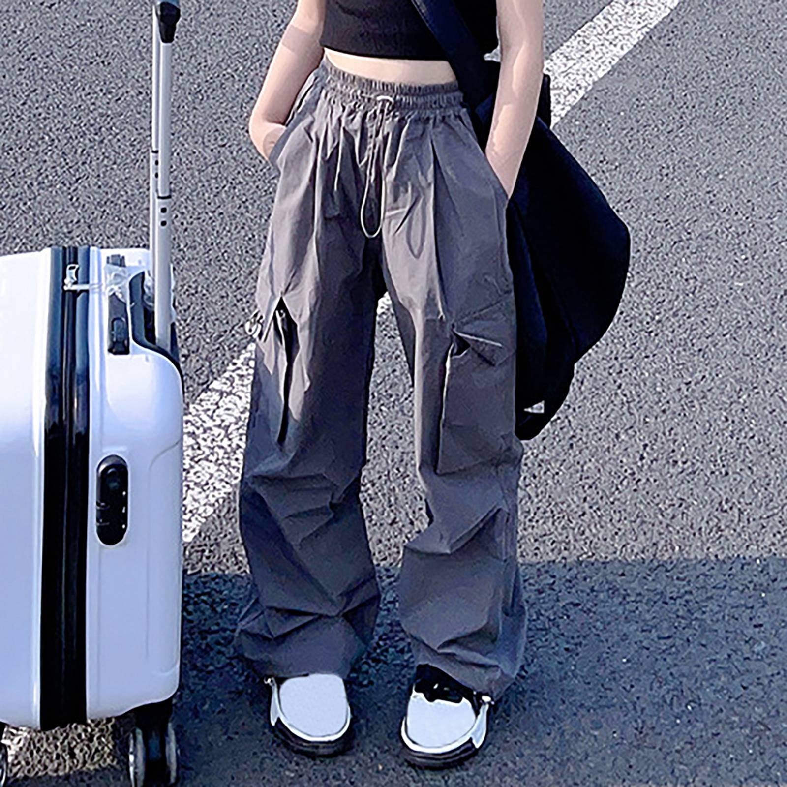 GHSuoui Cargo Pants for Girls Casual High Waisted Drawstring Loose Fit