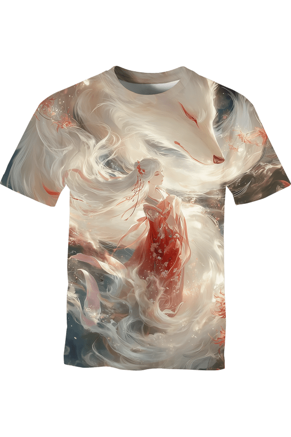 Men’s Anime Fox Graphic T Shirt Japanese Fantasy Kitsune All Over Print Anime Aesthetic Tee S-4XL,Multi4,4XL